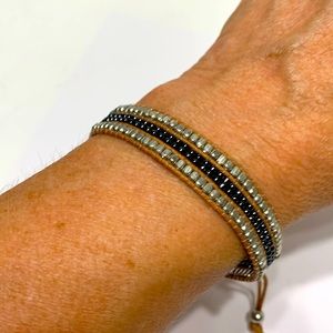 Hippie beaded cotton bracelet tan silver boho